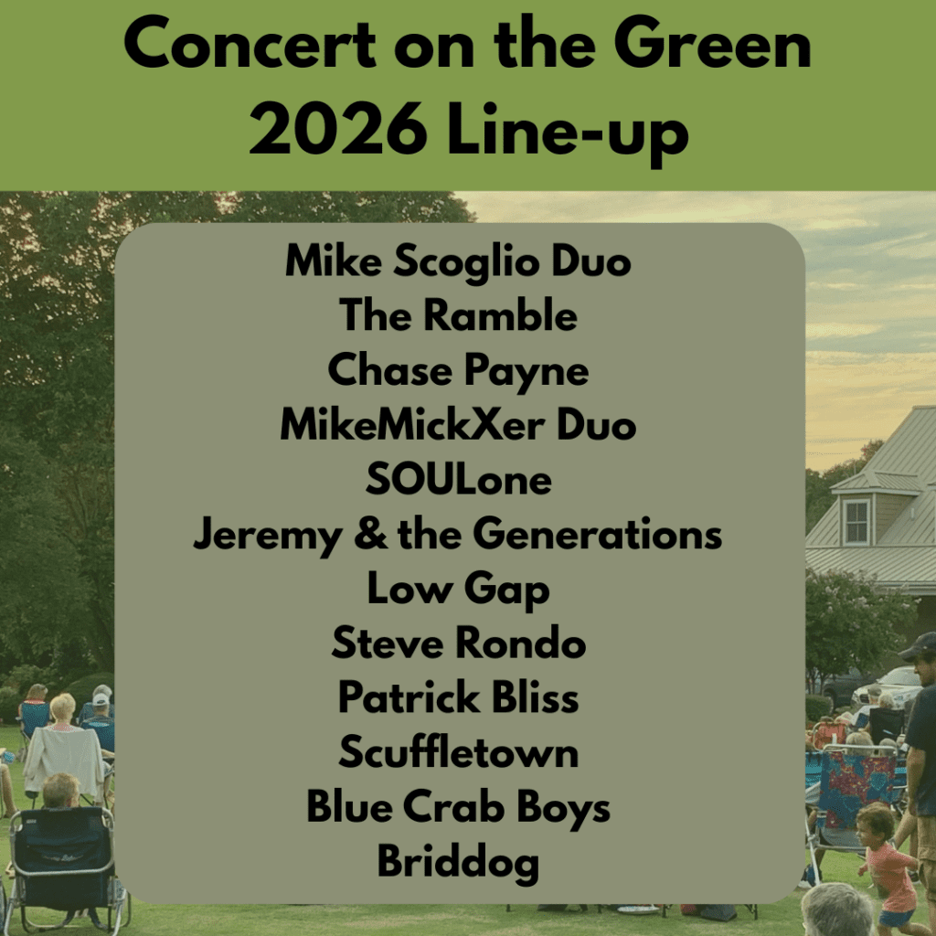 Concert on the Green 2026 line-up with a lawn and stage picture background