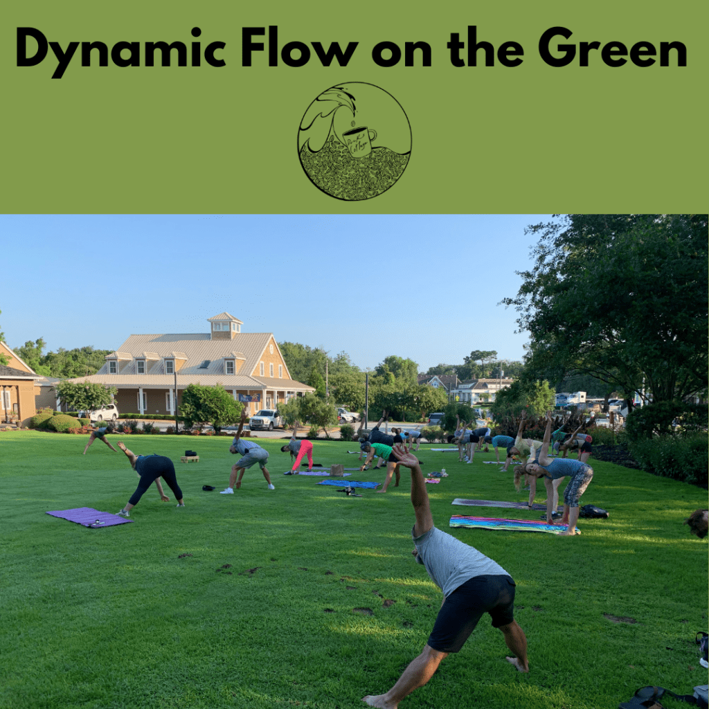 Dynamic Flow fitness class with Duck's Cottage logo and people exercising