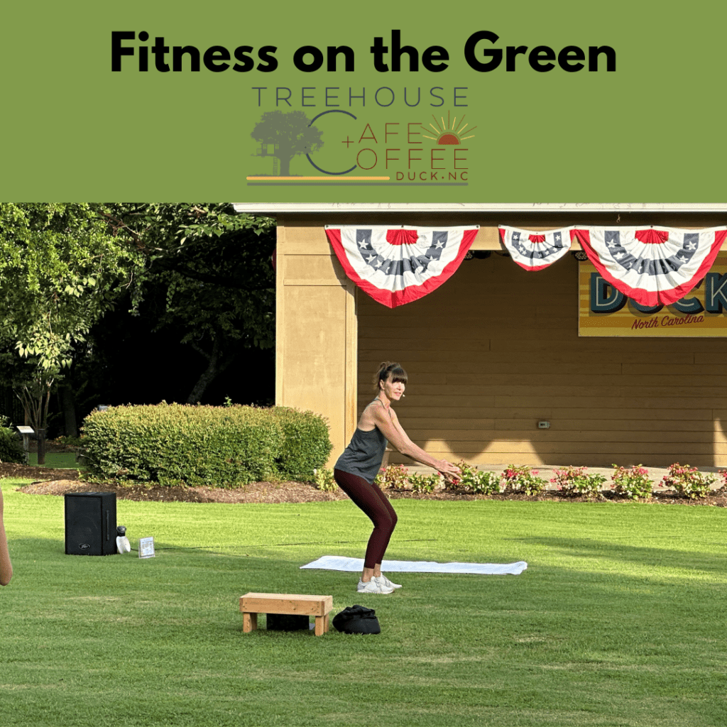 Fitness on the Green with Treehouse Cafe & Coffee logo. Photo of person exercising on the lawn.