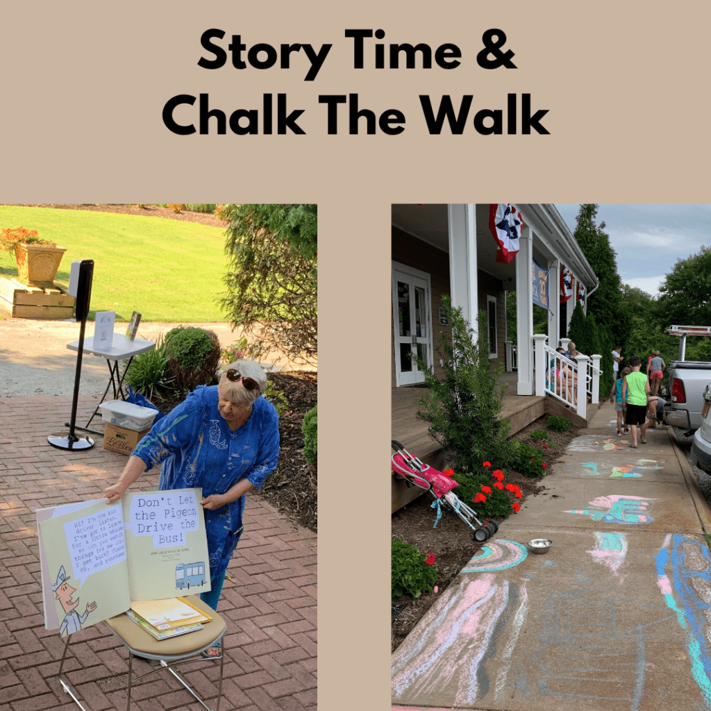 Story time and chalk the walk text. Left picture is a woman reading a story. Right picture is a sidewalk with chalk designs.
