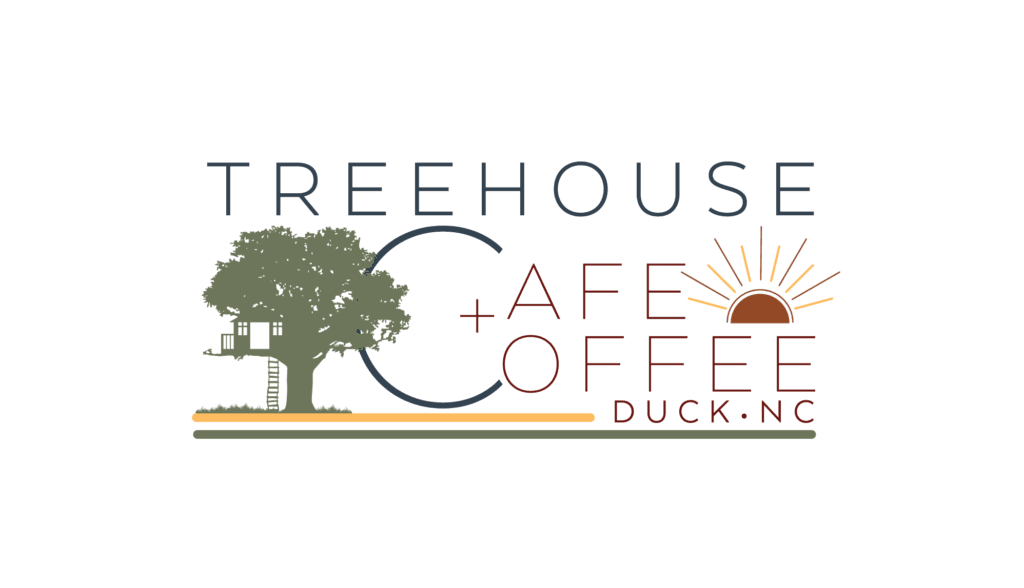 Treehouse cafe and coffee logo with at tree and treehouse and sun