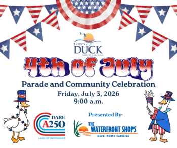 2026 4th of July - FB (1) Graphic advertising the 4th of July parade and community celebration. graphic contains patriotic banners, sponsor logos, and red white and blue ducks.
