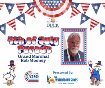 2026 GM - FB 4th of July Parade announcement featuring picture of Grand Marshal Rob Mooney with patriotic bunting and cartoon ducks in festive attire. Sponsor logos are also on the graphic.