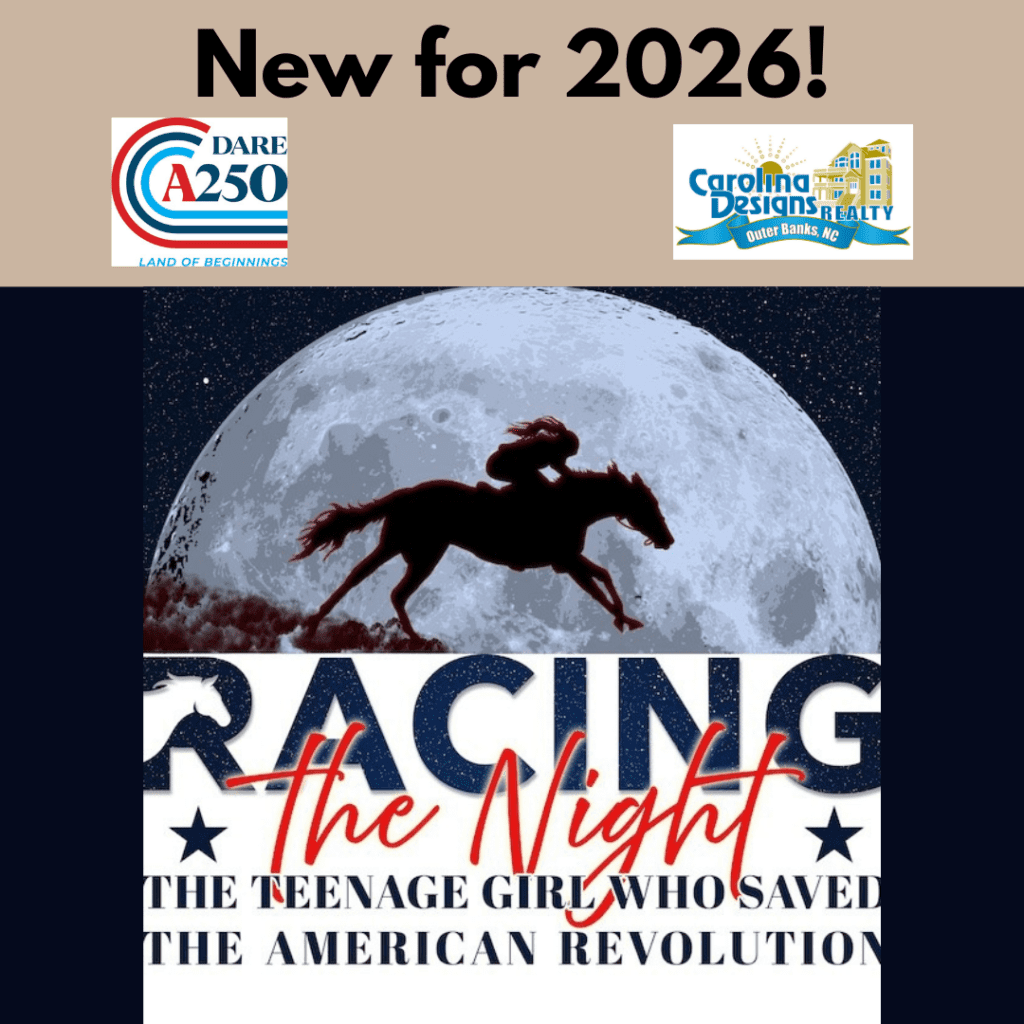 silhouette of person on a horse in front of a rising moon with the text Racing the Night below. Dare250 and Carolina Designs Logo at top 