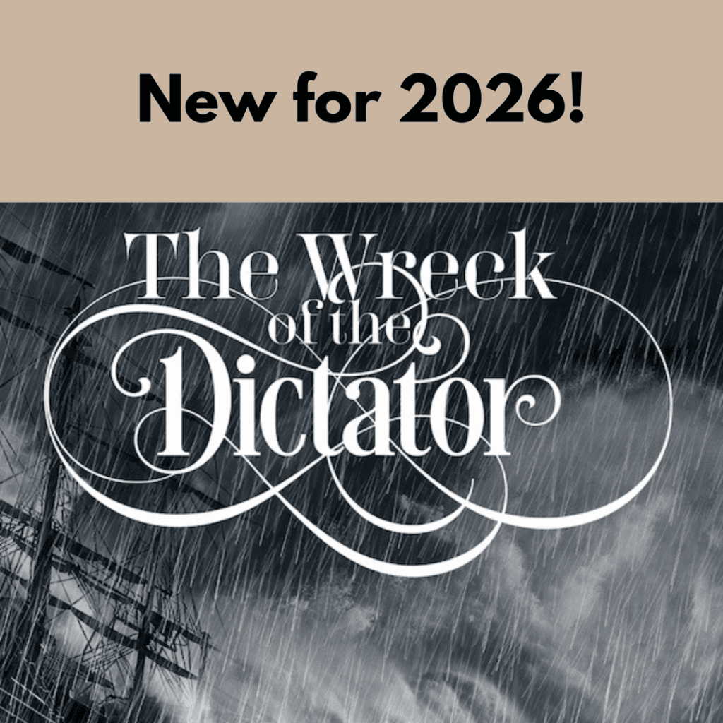 Picture of a ship in a storm with the Wreck of the Dictator in script text.