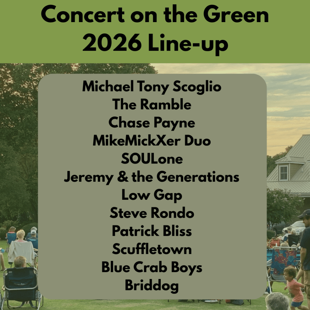 Concert on the Green 2026 line-up with a lawn and stage picture background
